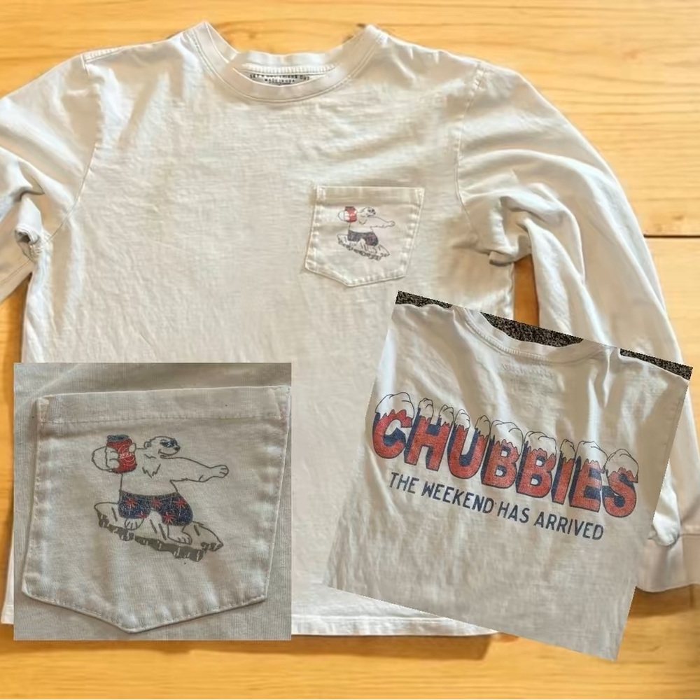chubbies * White Long Sleeve Pocket Tee with Back Logo Men’s Med 100% Cotton
